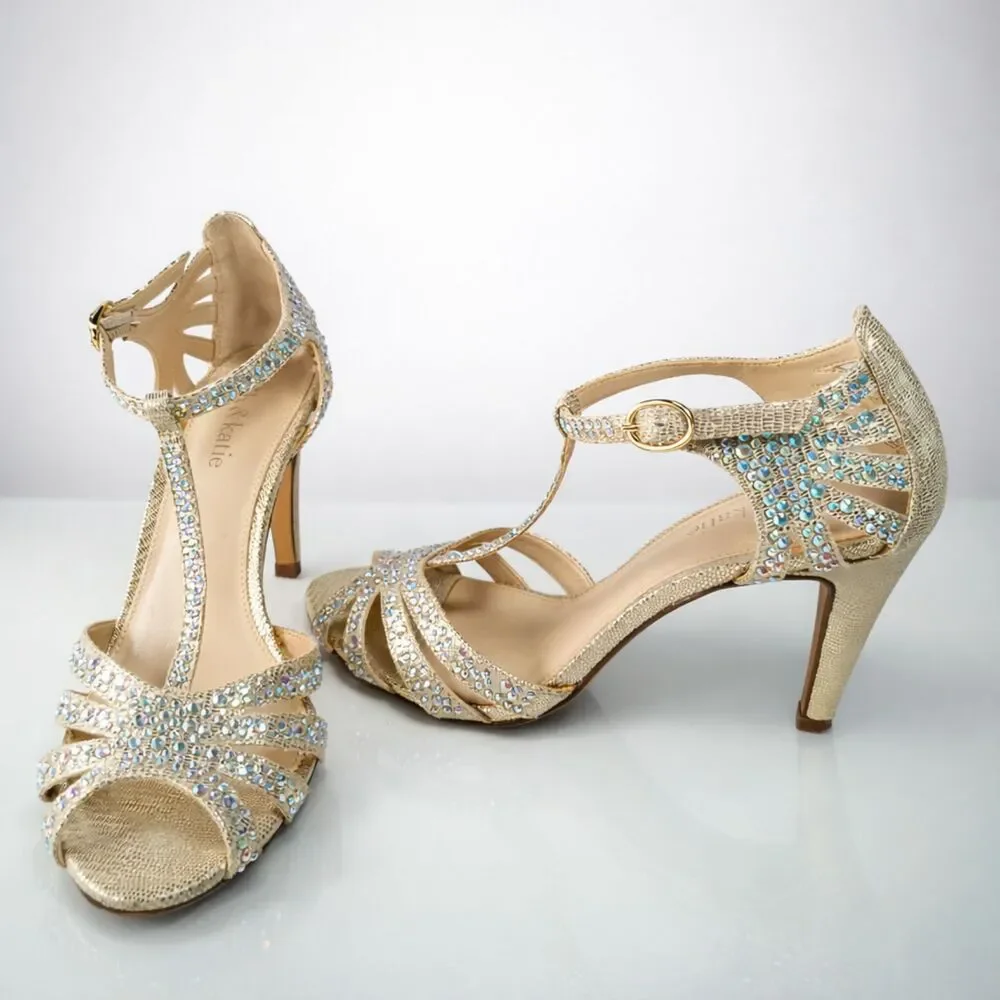 Kelly & Katie Womens Size 7 Champagne Rhinestone T-Strap Heels Dress Sandals - Picture 2 of 7